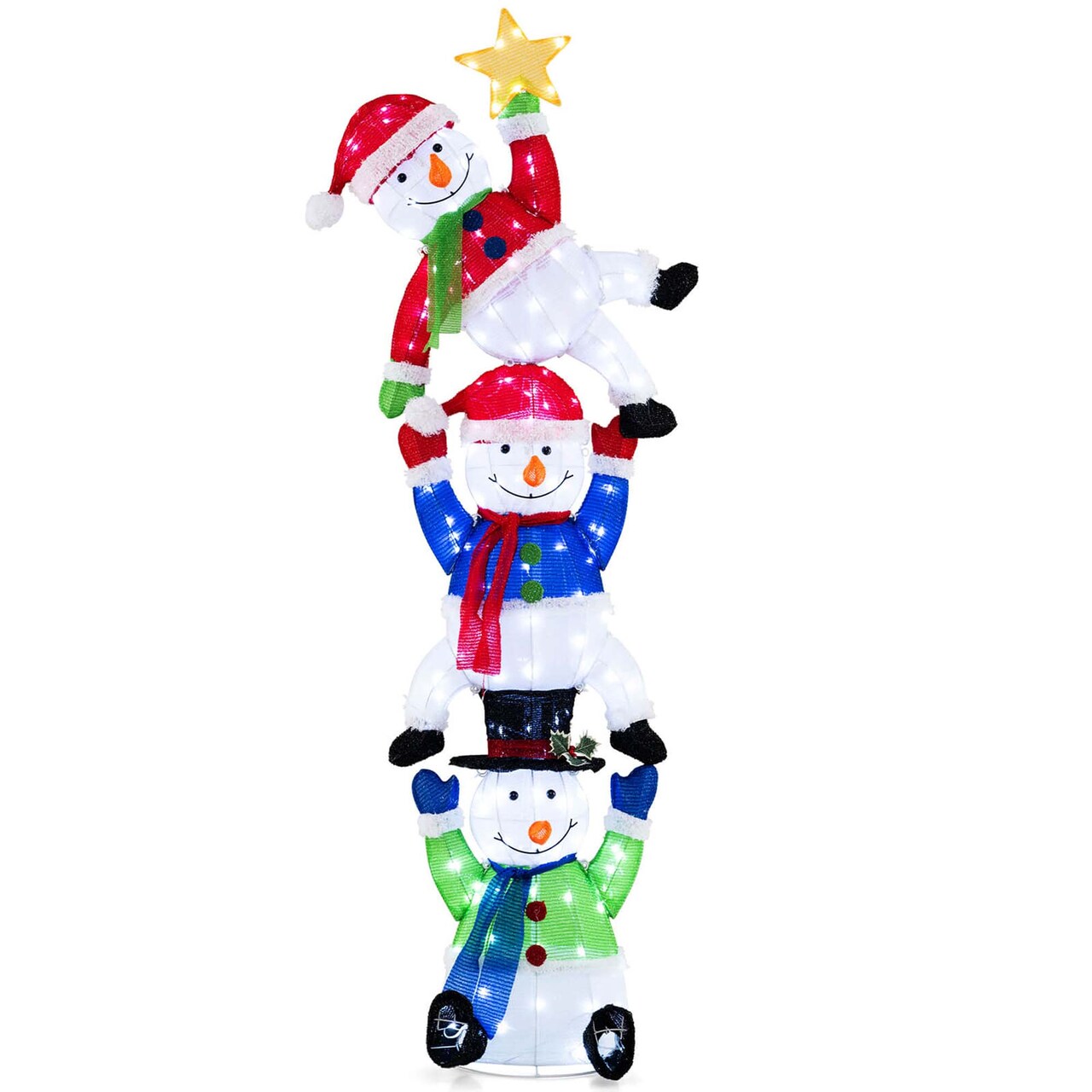 Costway 6 ft 3D Pre-Lit Christmas Stacked Snowman with 155 LED Lights Zip Ties & Stakes